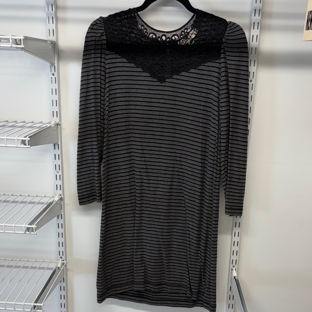 LOFT Black and Gray Striped Dress with Lace Yoke